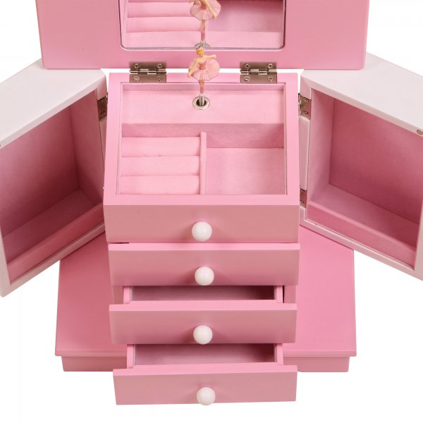 Classic, Upright Children’s Musical Jewelry Box in Pink and Ivory Colored Wood Finish with